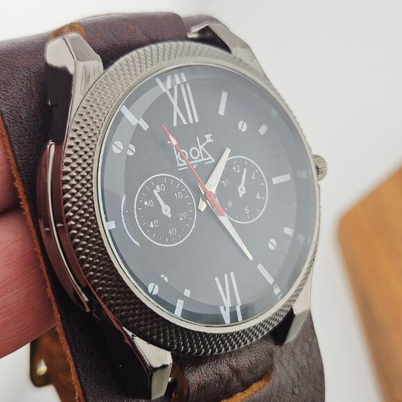 Look Men's Wide Leather Ban Watch Black Brown Bold Multidial Statement GH410 - Picture 3 of 6